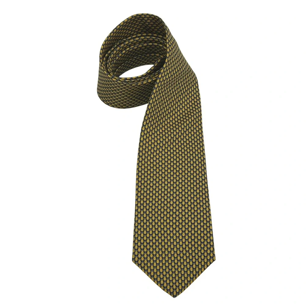 Brooks Brothers Silk Tie Mens‎ One Size Yellow Navy Blue Geometric Oval NEW
